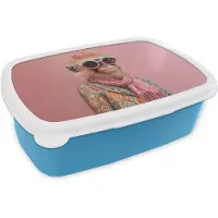 MuchoWow Broodtrommel Blauw - Lunchbox Sjaal - Aap - Zonnebril - Jasje - Brooddoos 18x12x6 cm - Brood lunch box - Broodtrommels voor kinderen en volwassenen