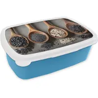 MuchoWow Broodtrommel Blauw - Lunchbox Houten - Lepels - Rijst - Zaden - Brooddoos 18x12x6 cm - Brood lunch box - Broodtrommels voor kinderen en volwassenen