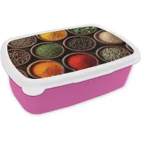 MuchoWow Broodtrommel Roze - Lunchbox Bakjes - Hout - Kruiden - Kleurrijk - Brooddoos 18x12x6 cm - Brood lunch box - Broodtrommels voor kinderen en volwassenen