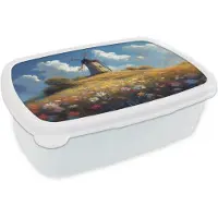 MuchoWow Broodtrommel Wit - Lunchbox Windmolen - Heuvel - Bloemen - Kleurrijk - Brooddoos 18x12x6 cm - Brood lunch box - Broodtrommels voor kinderen en volwassenen