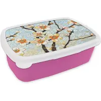 MuchoWow Broodtrommel Roze - Lunchbox Bloesems - Wit - Mozaïek - Tak - Brooddoos 18x12x6 cm - Brood lunch box - Broodtrommels voor kinderen en volwassenen