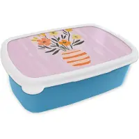 MuchoWow Broodtrommel Blauw - Lunchbox Vaas - Gestreept - Bloemen - Oranje - Brooddoos 18x12x6 cm - Brood lunch box - Broodtrommels voor kinderen en volwassenen