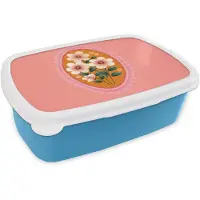 MuchoWow Broodtrommel Blauw - Lunchbox Illustratie - Bloemen - Rand - Roze - Brooddoos 18x12x6 cm - Brood lunch box - Broodtrommels voor kinderen en volwassenen