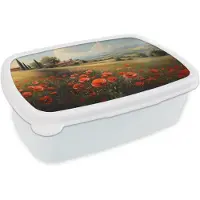 MuchoWow Broodtrommel Wit - Lunchbox Klaprozen - Rood - Heuvels - Landschap - Brooddoos 18x12x6 cm - Brood lunch box - Broodtrommels voor kinderen en volwassenen