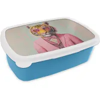 MuchoWow Broodtrommel Blauw - Lunchbox Tijger - Strik - Jasje - Roze - Brooddoos 18x12x6 cm - Brood lunch box - Broodtrommels voor kinderen en volwassenen
