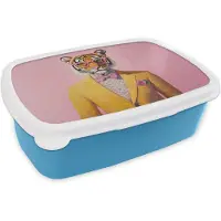 MuchoWow Broodtrommel Blauw - Lunchbox Tijger - Bril - Geel - Jasje - Brooddoos 18x12x6 cm - Brood lunch box - Broodtrommels voor kinderen en volwassenen