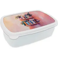 MuchoWow Broodtrommel Wit - Lunchbox Planken - Boeken - Bladeren - Brooddoos 18x12x6 cm - Brood lunch box - Broodtrommels voor kinderen en volwassenen