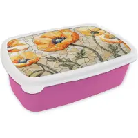 MuchoWow Broodtrommel Roze - Lunchbox Klaprozen - Oranje - Mozaïek - Bladeren - Brooddoos 18x12x6 cm - Brood lunch box - Broodtrommels voor kinderen en volwassenen