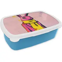 MuchoWow Broodtrommel Blauw - Lunchbox Abstract - Konijn - Sjaal - Geel - Brooddoos 18x12x6 cm - Brood lunch box - Broodtrommels voor kinderen en volwassenen