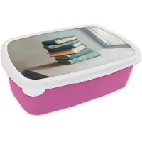 MuchoWow Broodtrommel Roze - Lunchbox Stapel - Boeken - Groen - Daglicht - Brooddoos 18x12x6 cm - Brood lunch box - Broodtrommels voor kinderen en volwassenen
