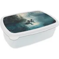 MuchoWow Broodtrommel Wit - Lunchbox Bos - Water - Eenden - Mistig - Brooddoos 18x12x6 cm - Brood lunch box - Broodtrommels voor kinderen en volwassenen