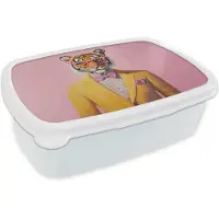 MuchoWow Broodtrommel Wit - Lunchbox Tijger - Bril - Geel - Jasje - Brooddoos 18x12x6 cm - Brood lunch box - Broodtrommels voor kinderen en volwassenen