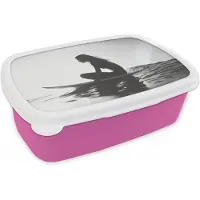 MuchoWow Broodtrommel Roze - Lunchbox Silhouet - Vrouw - Surfplank - Water - Brooddoos 18x12x6 cm - Brood lunch box - Broodtrommels voor kinderen en volwassenen