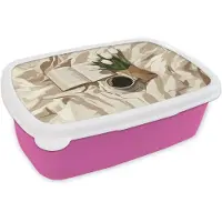 MuchoWow Broodtrommel Roze - Lunchbox Boek - Illustratie - Tulpen - Koffie - Brooddoos 18x12x6 cm - Brood lunch box - Broodtrommels voor kinderen en volwassenen