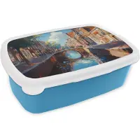 MuchoWow Broodtrommel Blauw - Lunchbox Stad - Gracht - Zon - Fietsen - Brooddoos 18x12x6 cm - Brood lunch box - Broodtrommels voor kinderen en volwassenen