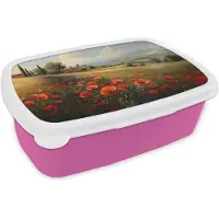 MuchoWow Broodtrommel Roze - Lunchbox Klaprozen - Rood - Heuvels - Landschap - Brooddoos 18x12x6 cm - Brood lunch box - Broodtrommels voor kinderen en volwassenen