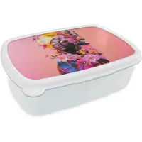 MuchoWow Broodtrommel Wit - Lunchbox Kleurrijk - Bloemen - Vrouw - Zon - Brooddoos 18x12x6 cm - Brood lunch box - Broodtrommels voor kinderen en volwassenen