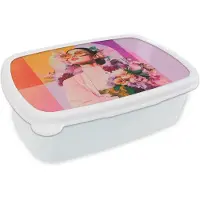 MuchoWow Broodtrommel Wit - Lunchbox Portret - Vrouw - Abstract - Bloemen - Brooddoos 18x12x6 cm - Brood lunch box - Broodtrommels voor kinderen en volwassenen
