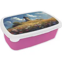 MuchoWow Broodtrommel Roze - Lunchbox Windmolen - Heuvel - Bloemen - Kleurrijk - Brooddoos 18x12x6 cm - Brood lunch box - Broodtrommels voor kinderen en volwassenen