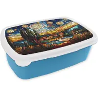 MuchoWow Broodtrommel Blauw - Lunchbox Hemel - Sterren - Mozaïek - Huizen - Brooddoos 18x12x6 cm - Brood lunch box - Broodtrommels voor kinderen en volwassenen