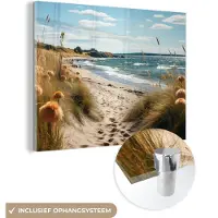 MuchoWow Glasschilderij 160x120 cm - Schilderij acrylglas - Strand - Duinen - Helmgras - Zee - Zand - Foto op glas - Muurdecoratie woonkamer - Wanddecoratie slaapkamer - Schilderijen