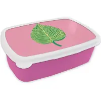 MuchoWow Broodtrommel Roze - Lunchbox Illustratie - Blad - Minimalistisch - Groen - Brooddoos 18x12x6 cm - Brood lunch box - Broodtrommels voor kinderen en volwassenen