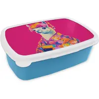 MuchoWow Broodtrommel Blauw - Lunchbox Lama - Kimono - Bloemenkrans - Felroze - Brooddoos 18x12x6 cm - Brood lunch box - Broodtrommels voor kinderen en volwassenen