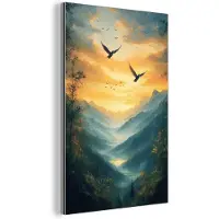 MuchoWow Aluminium schilderij 80x120 cm - Wanddecoratie metaal - Vogels - Zon - Bomen - Groen - Metalen muurdecoratie woonkamer - Decoratie industrieel - Foto op dibond - Industriële accessoires slaapkamer