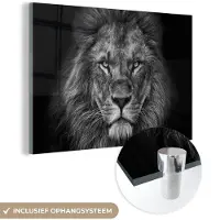 MuchoWow Glasschilderij leeuw - Zwart - Wit - Dieren - Foto op glas - Wanddecoratie glas - 180x120 cm - Woondecoratie - Schilderij glas - Muurdecoratie woonkamer - Glasplaat