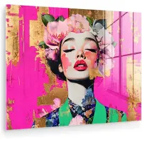 MuchoWow Glasschilderij 160x120 cm - Schilderij acrylglas - Bloemenkroon - Goud - Vrouw - Portret - Foto op glas - Muurdecoratie woonkamer - Wanddecoratie slaapkamer - Schilderijen