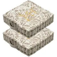 Stof Textile Vloerkussen Leaves - 2x - taupe/wit - katoen - 45 x 45 x 10 cm - vierkant - Extra dik - extra zitplaatsen - spelen - gamen - relaxen