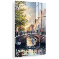 MuchoWow Glasschilderij 120x180 cm - Schilderij acrylglas - Brug - Stad - Huizen - Boot - Foto op glas - Muurdecoratie woonkamer - Wanddecoratie slaapkamer - Schilderijen
