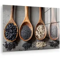 MuchoWow Glasschilderij 180x120 cm - Schilderij acrylglas - Houten - Lepels - Rijst - Zaden - Foto op glas - Muurdecoratie woonkamer - Wanddecoratie slaapkamer - Schilderijen