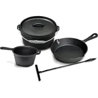 Blackwell Dutch Oven BBQ Gietijzer Set 4-Delig Braadpan + Lifter, Koekenpan ø 20 cm & Steelpan 18 cm - geschikt voor alle warmtebronnen - zonder anti-aanbaklaag