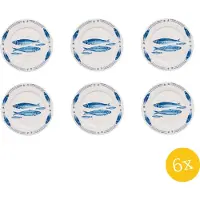 Clayre & Eef Dinerbord set van 6 stuks Ø 26 cm Wit Blauw Porselein Vissen Eetbord