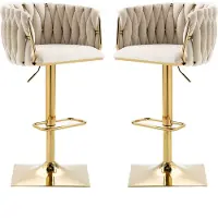 Merax Luxe Barkrukken Set van 2 – Verstelbaar 87-105 cm – Beige Fluweel met Gouden Frame – 360° Draaibaar met Rugleuning en Voetensteun – Moderne Barstoelen
