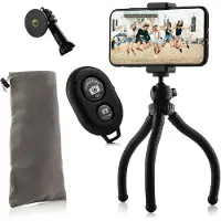 MOJOGEAR Flexibel statief met extra stevige poten KIT: incl. telefoonhouder, bluetooth remote, GoPro-adapter & opbergzakje