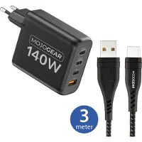 MOJOGEAR CHARGE+ 140 Watt oplader met USB naar USB-C kabel 3 meter | Geschikt voor Samsung/iPhone 15/16