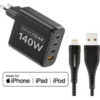 MOJOGEAR CHARGE+ 140 Watt oplader met USB naar Lightning kabel 1,5 meter | iPhone snellader