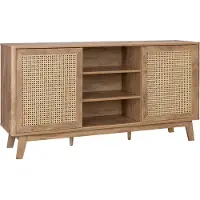 Sweeek Dressoir met 2 schuifdeuren en planken houtdecor en rotan 150cm Naturel
