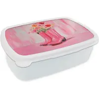 MuchoWow Broodtrommel Wit - Lunchbox Roze - Bloemen - Cowboy - Brooddoos 18x12x6 cm - Brood lunch box - Broodtrommels voor kinderen en volwassenen
