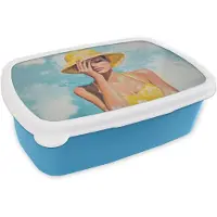 MuchoWow Broodtrommel Blauw - Lunchbox Schilderij - Vrouw - Hoed - Geel - Brooddoos 18x12x6 cm - Brood lunch box - Broodtrommels voor kinderen en volwassenen