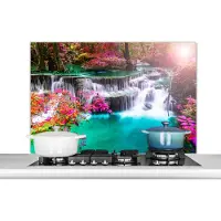 KitchenYeah Spatscherm keuken 100x65 cm - Kookplaat achterwand Waterval - Zon - Bomen - Regenboog - Natuur - Muurbeschermer - Spatwand fornuis - Hoogwaardig aluminium