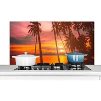 KitchenYeah Spatscherm keuken 120x60 cm - Kookplaat achterwand Zee - Palmboom - Zonsondergang - Strand - Silhouette - Muurbeschermer - Spatwand fornuis - Hoogwaardig aluminium