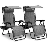 SereneLife Ligstoel set van 2 – Verstelbare Buitenkamerstoel met Afneembaar Bekerhouderblad en Zonnescherm– Inklapbare Relaxstoel met Verwijderbare Kussens