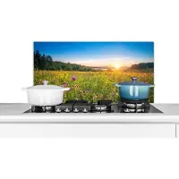 KitchenYeah Spatscherm keuken 90x45 cm - Kookplaat achterwand Zon - Gras - Bloemen - Muurbeschermer - Spatwand fornuis - Hoogwaardig aluminium
