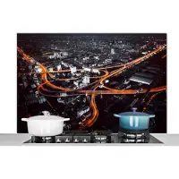 KitchenYeah Spatscherm keuken - Verkeer - Bangkok - Stad - Thailand - Nacht - Skyline - Auto - Verlichting - Spatwand - Achterwand keuken - 120x80 cm - Aluminium