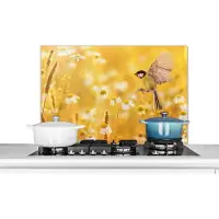 KitchenYeah Spatscherm keuken 80x55 cm - Kookplaat achterwand Vogel - Koolmees - Bloemen - Margriet - Muurbeschermer - Spatwand fornuis - Hoogwaardig aluminium