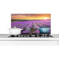 KitchenYeah Spatscherm keuken 90x45 cm - Kookplaat achterwand Lavendel - Wolken - Lente - Muurbeschermer - Spatwand fornuis - Hoogwaardig aluminium