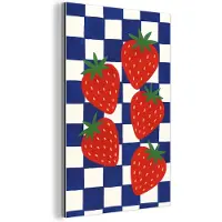 MuchoWow Aluminium schilderij 80x120 cm - Wanddecoratie metaal - Geblokt - Blauw - Aardbeien - Metalen muurdecoratie woonkamer - Decoratie industrieel - Foto op dibond - Industriële accessoires slaapkamer